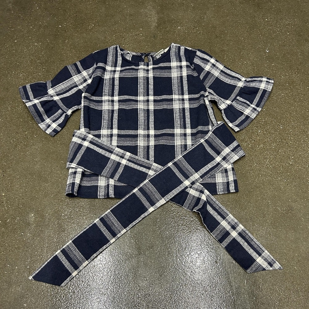 Good Luck Gem Blouse Juniors Small Navy Plaid Ruffle Bell Sleeve Belted Top